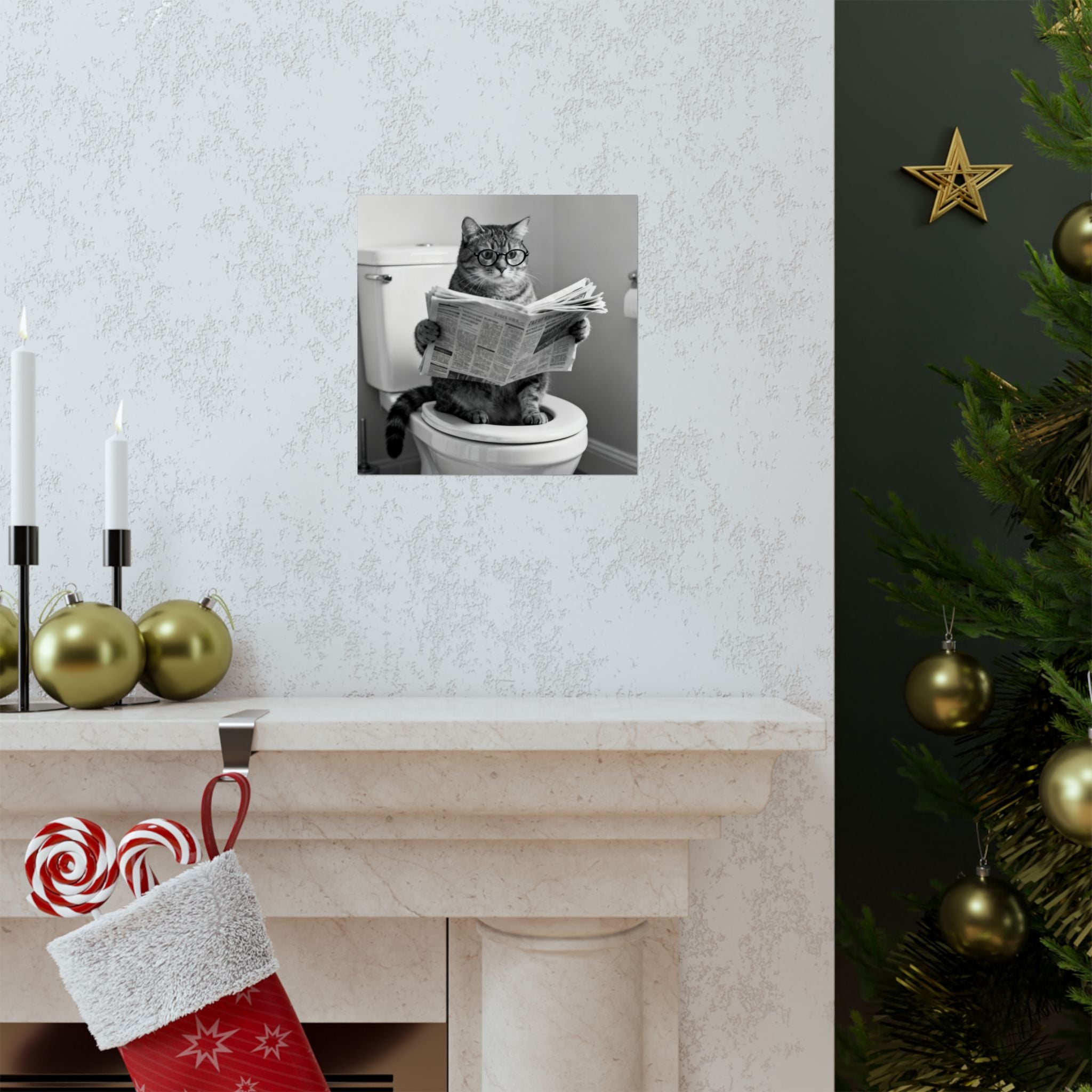 Cat Bathroom Poster – Funny Cat Reading Newspaper Wall Art, Quirky Black & White Matte Vertical Print