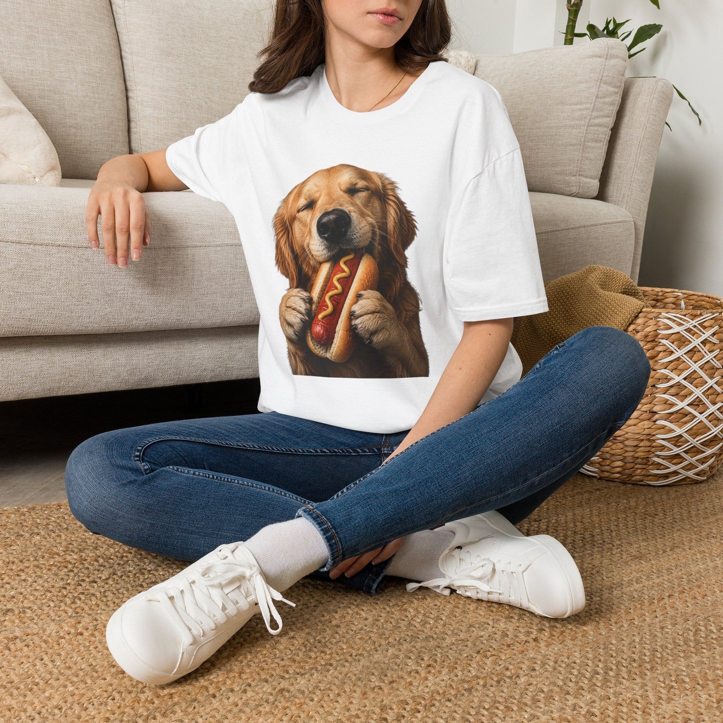 Golden Retriever Hot Dog T-Shirt — Cute Dog Eating Hotdog Graphic Tee