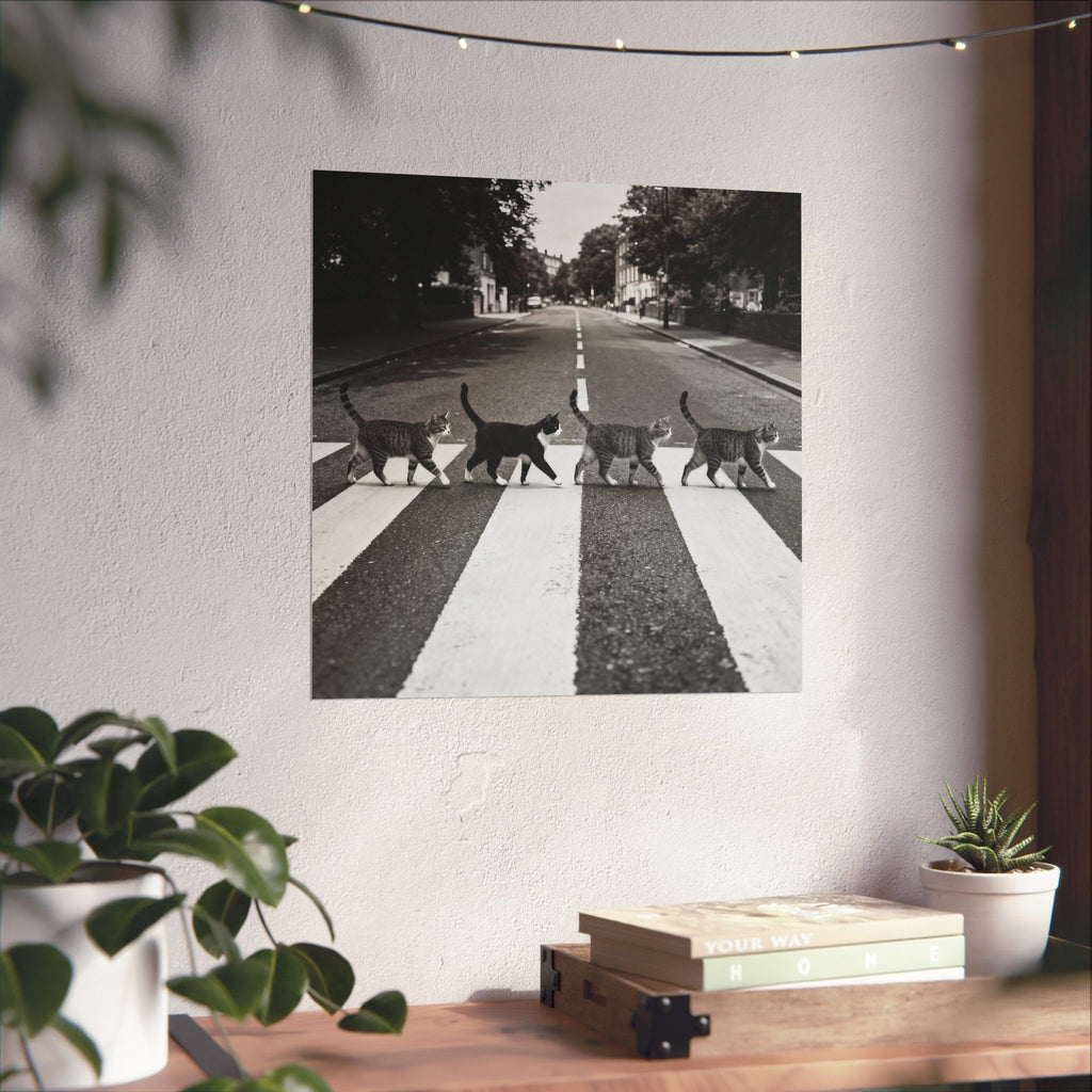 Cat Crossing Abbey Road — Black & White Matte Vertical Poster