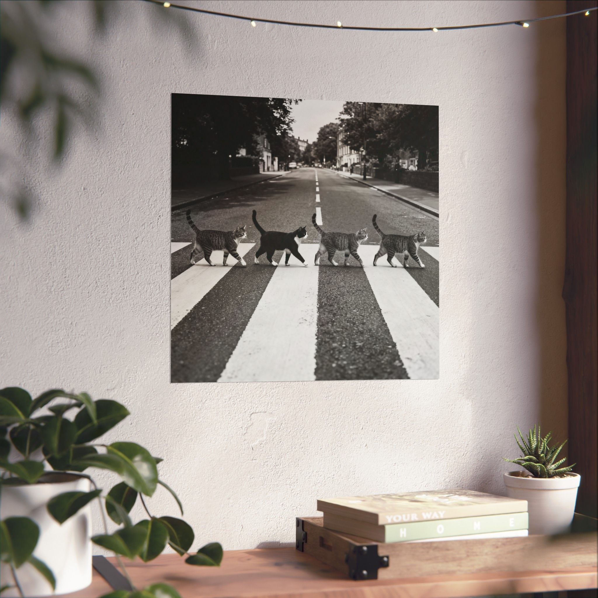 Cat Crossing Abbey Road — Black & White Matte Vertical Poster
