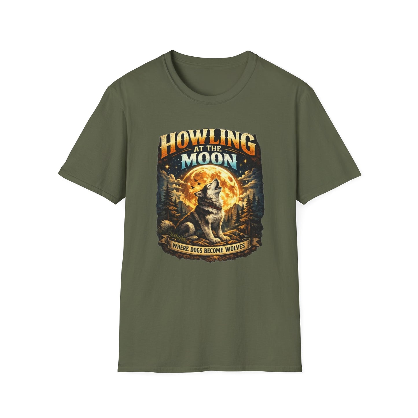 Howling at the Moon T-Shirt — Vintage Wolf Graphic (“Where Dogs Become Wolves”)