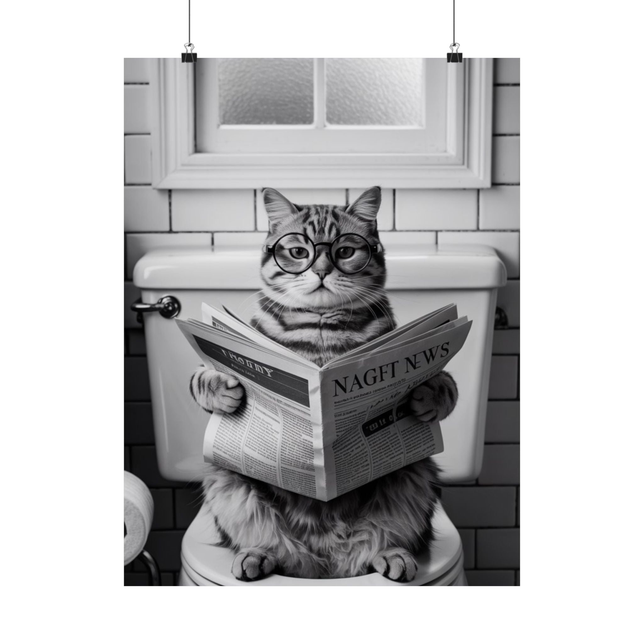 Cat Reading Newspaper Poster — Funny Black & White Matte Vertical Wall Art