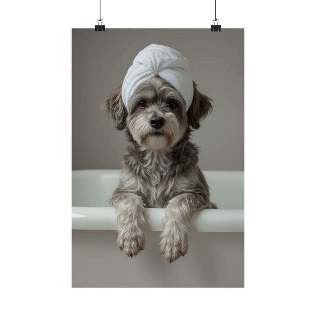 Dog Spa Poster — Cute Puppy in Towel Matte Vertical Wall Art
