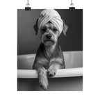 Spa Pup Matte Vertical Poster — Black & White Dog in Bathtub Print