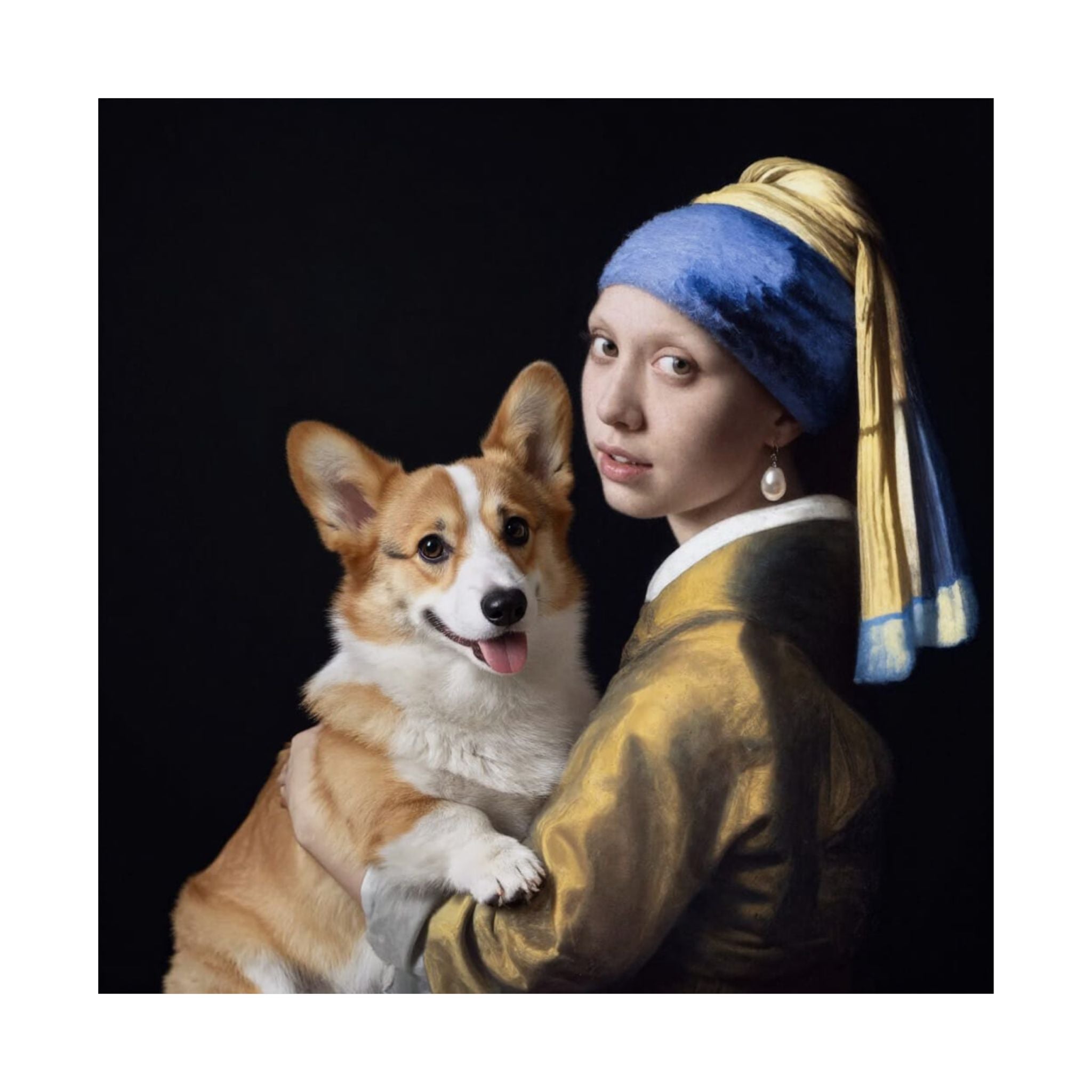 Corgi and the Girl with a Pearl Earring Matte Poster — Classical Pet Portrait Wall Art