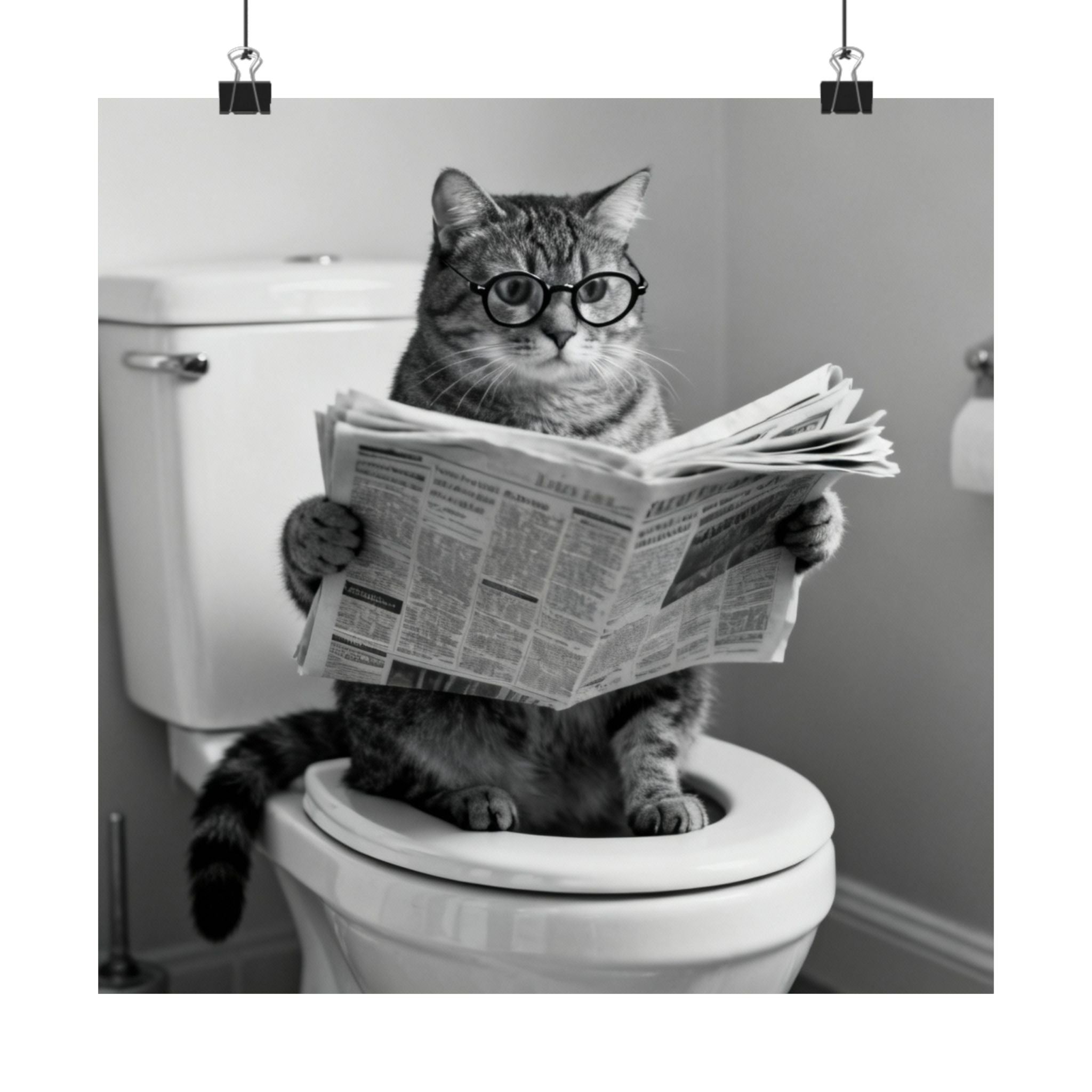 Cat Bathroom Poster – Funny Cat Reading Newspaper Wall Art, Quirky Black & White Matte Vertical Print