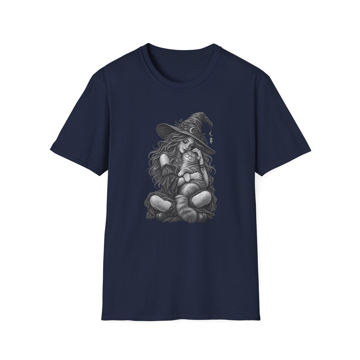 Witch and Cat Graphic T-Shirt — Cozy Gothic Halloween Tee