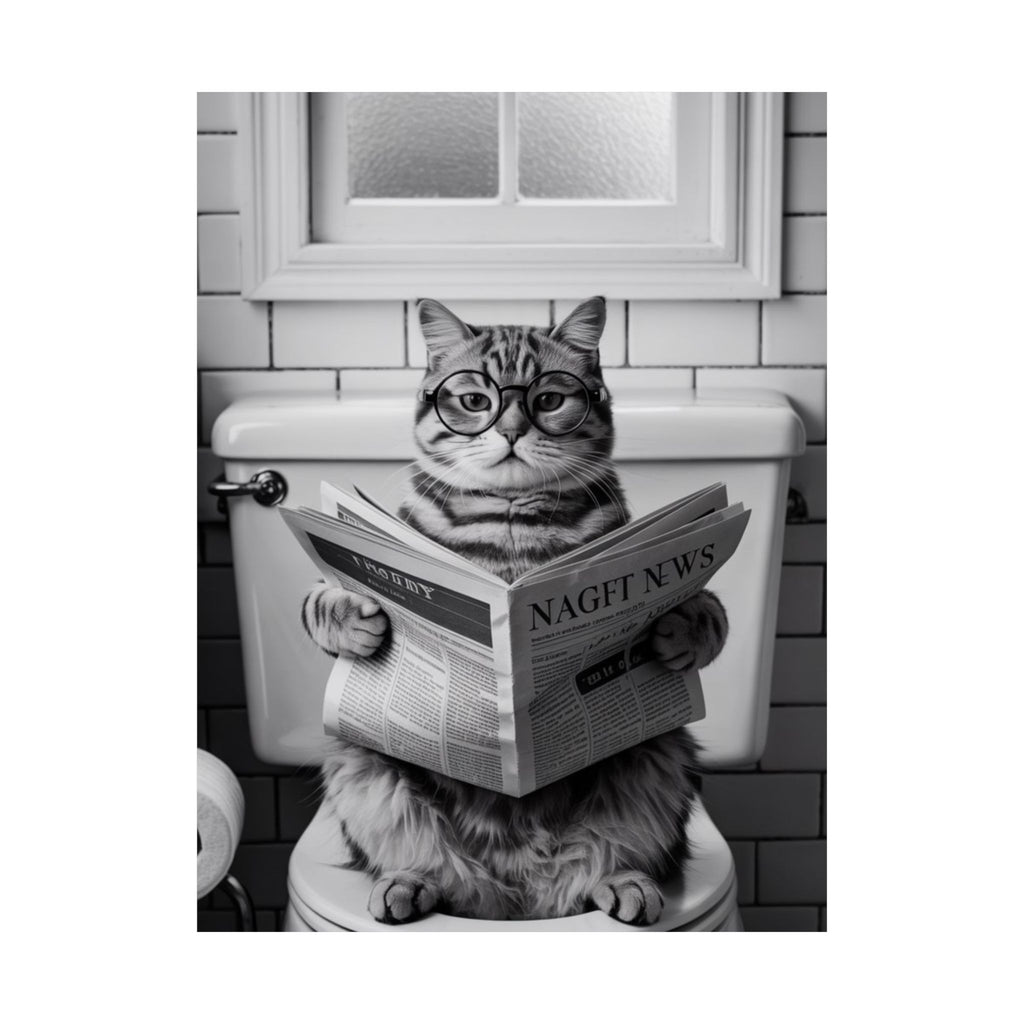 Cat Reading Newspaper Poster — Funny Black & White Matte Vertical Wall Art