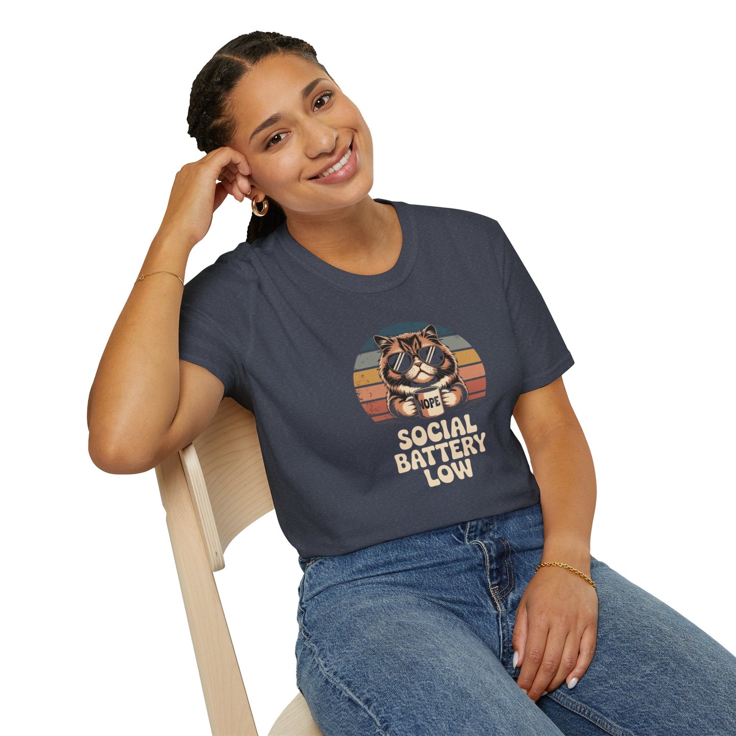 Social Battery Low Cat Retro Graphic T-Shirt