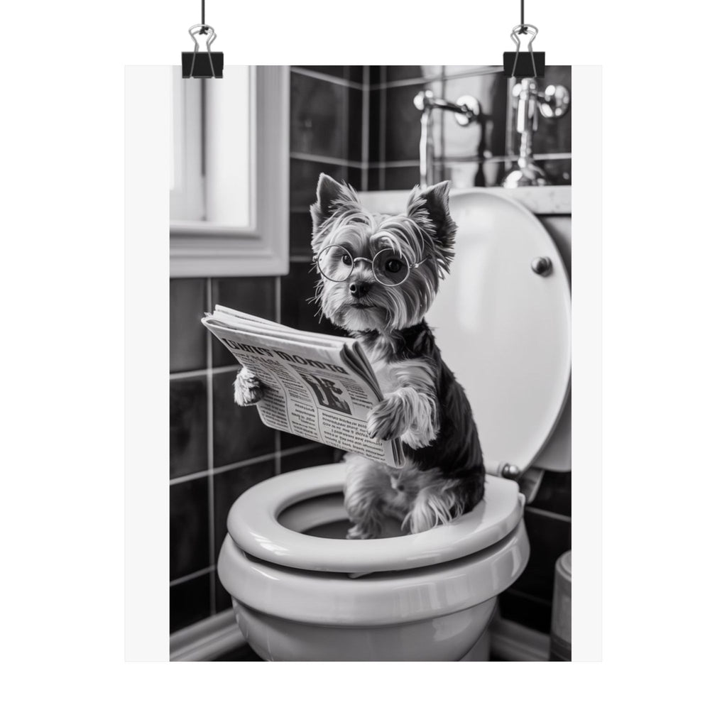 Funny Yorkie Bathroom Poster — Black & White Matte Vertical Dog Wall Art
