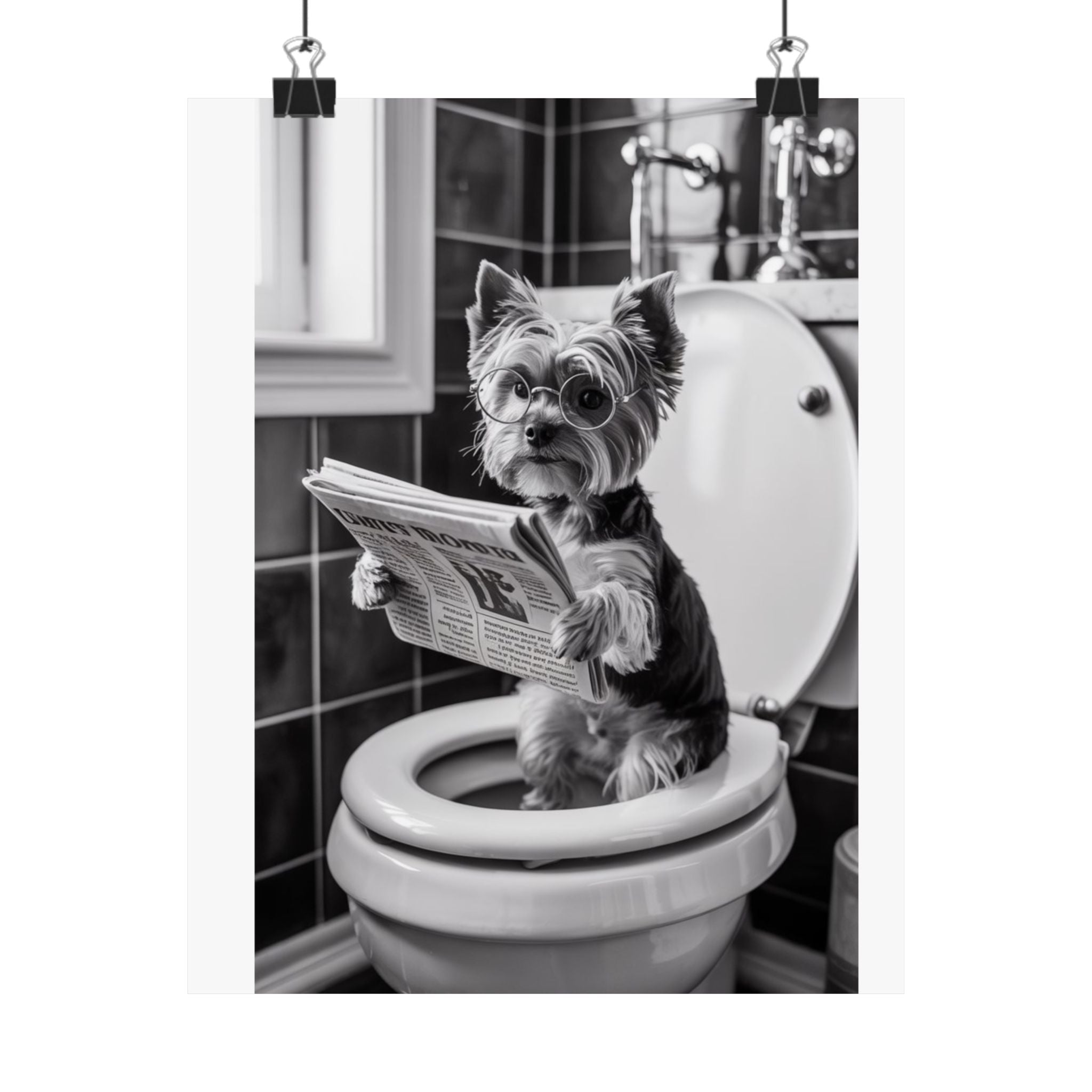Digital download Funny Yorkie Bathroom Poster — Black & White Matte Vertical Dog Wall Art