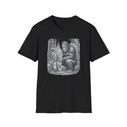 Bigfoot & Cat T-Shirt — Vintage Sasquatch Forest Illustration