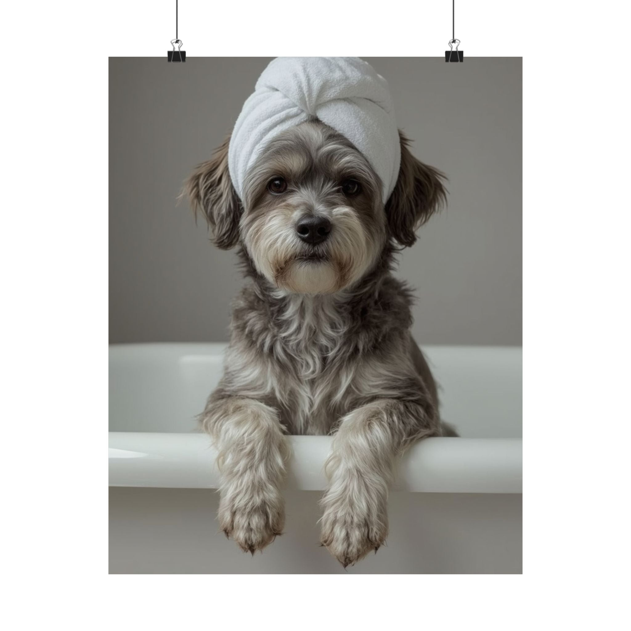 Dog Spa Poster — Cute Puppy in Towel Matte Vertical Wall Art