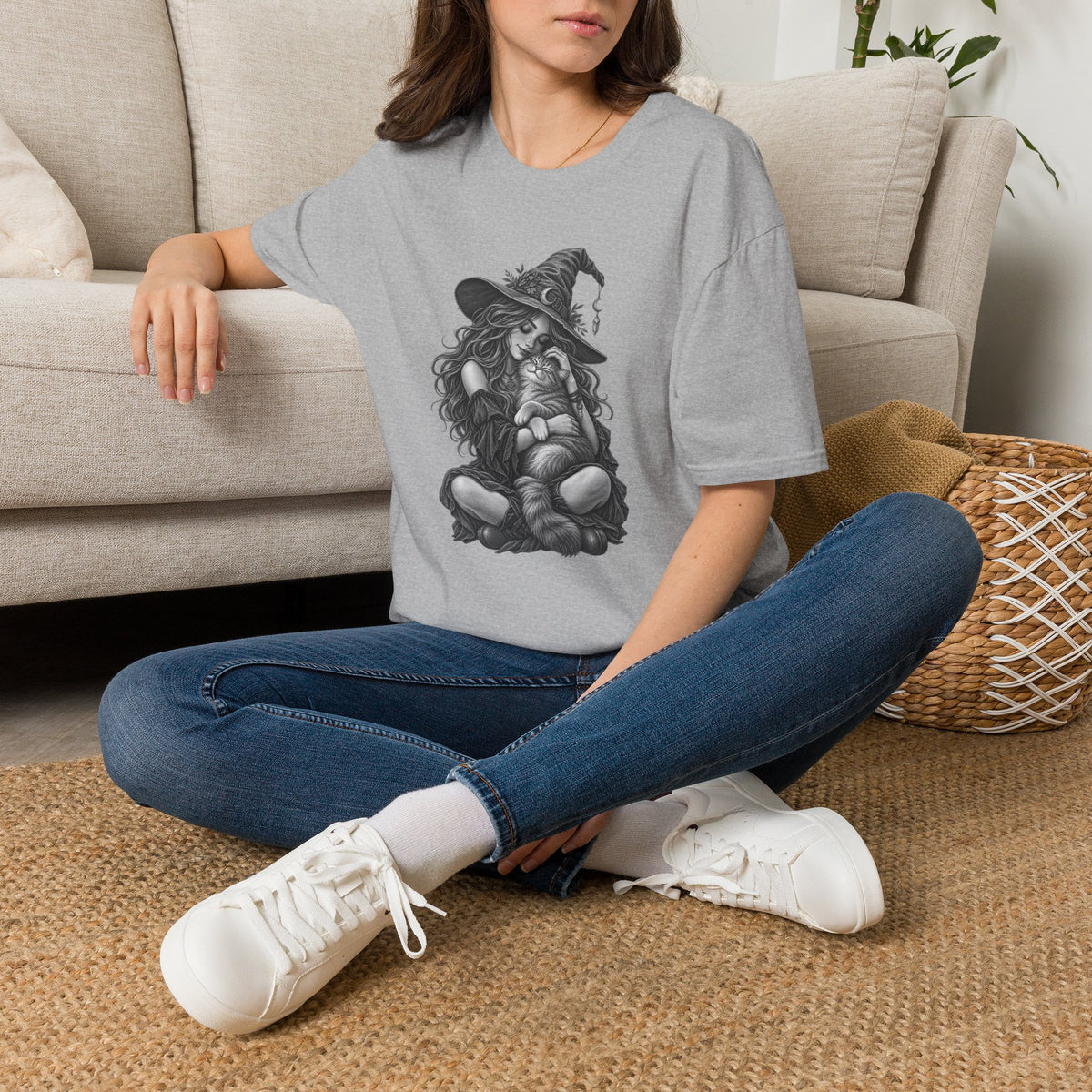 Witch and Cat Graphic T-Shirt — Cozy Gothic Halloween Tee