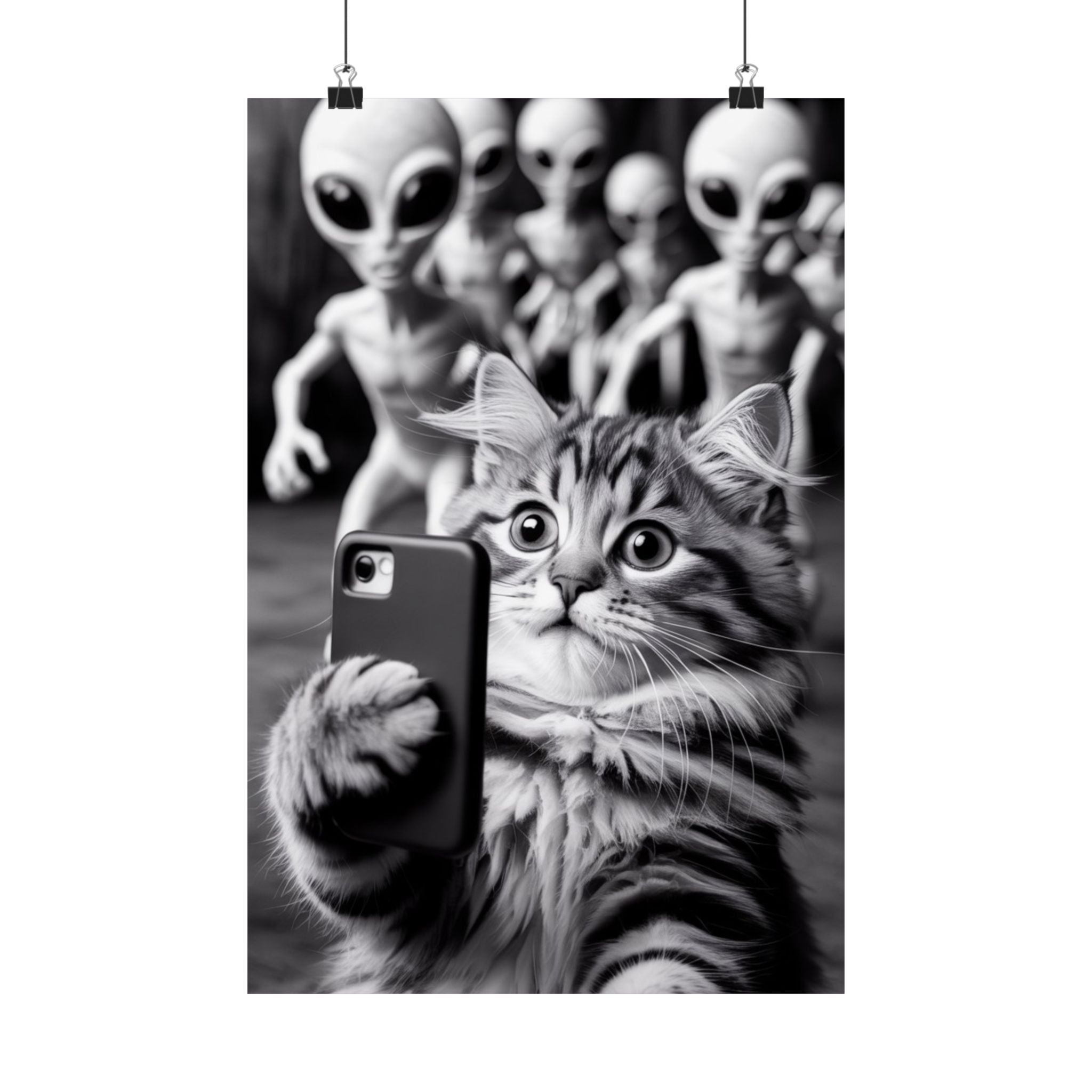 Funny Cat Selfie Poster — Matte Vertical Wall Art with Alien Photobomb