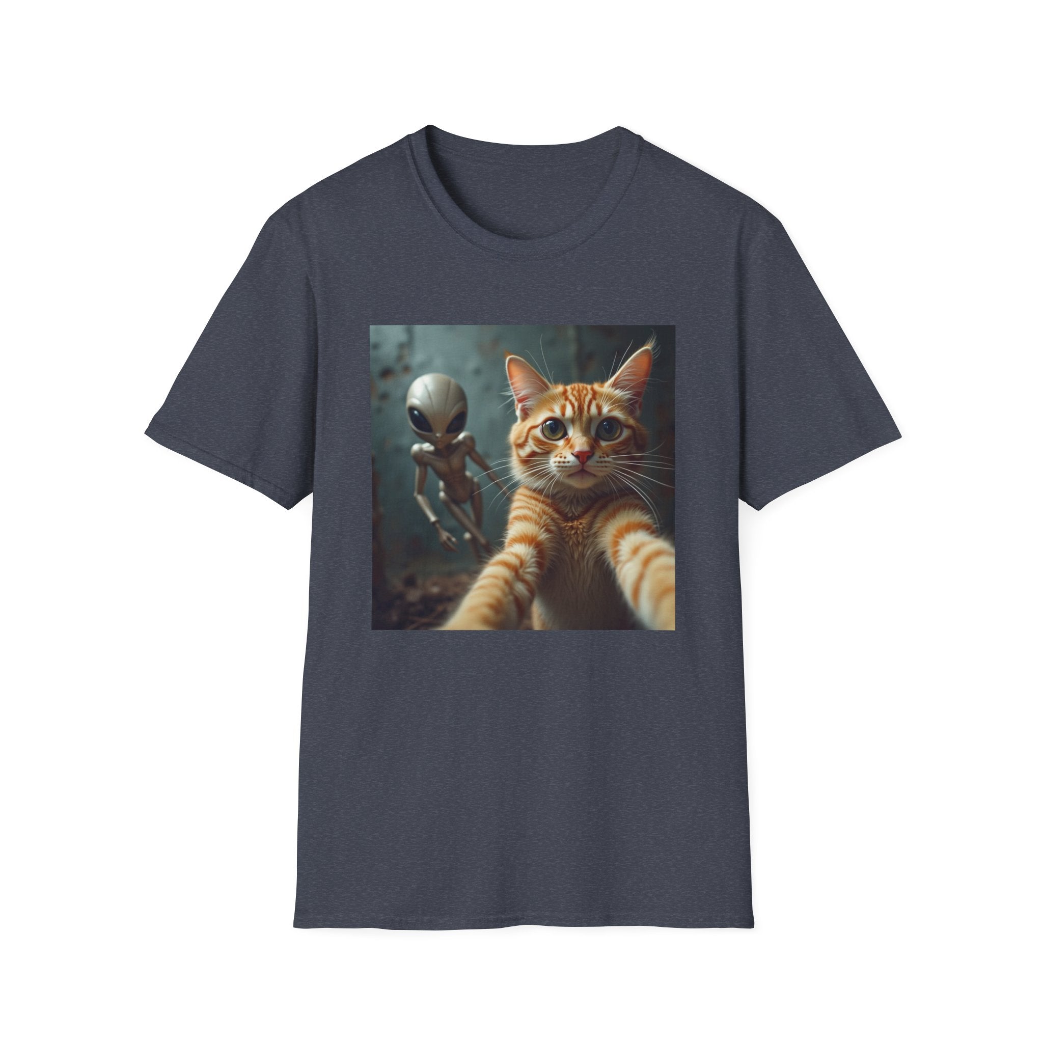 Alien Selfie T‑Shirt — Cute Ginger Cat & UFO Friend Graphic Tee