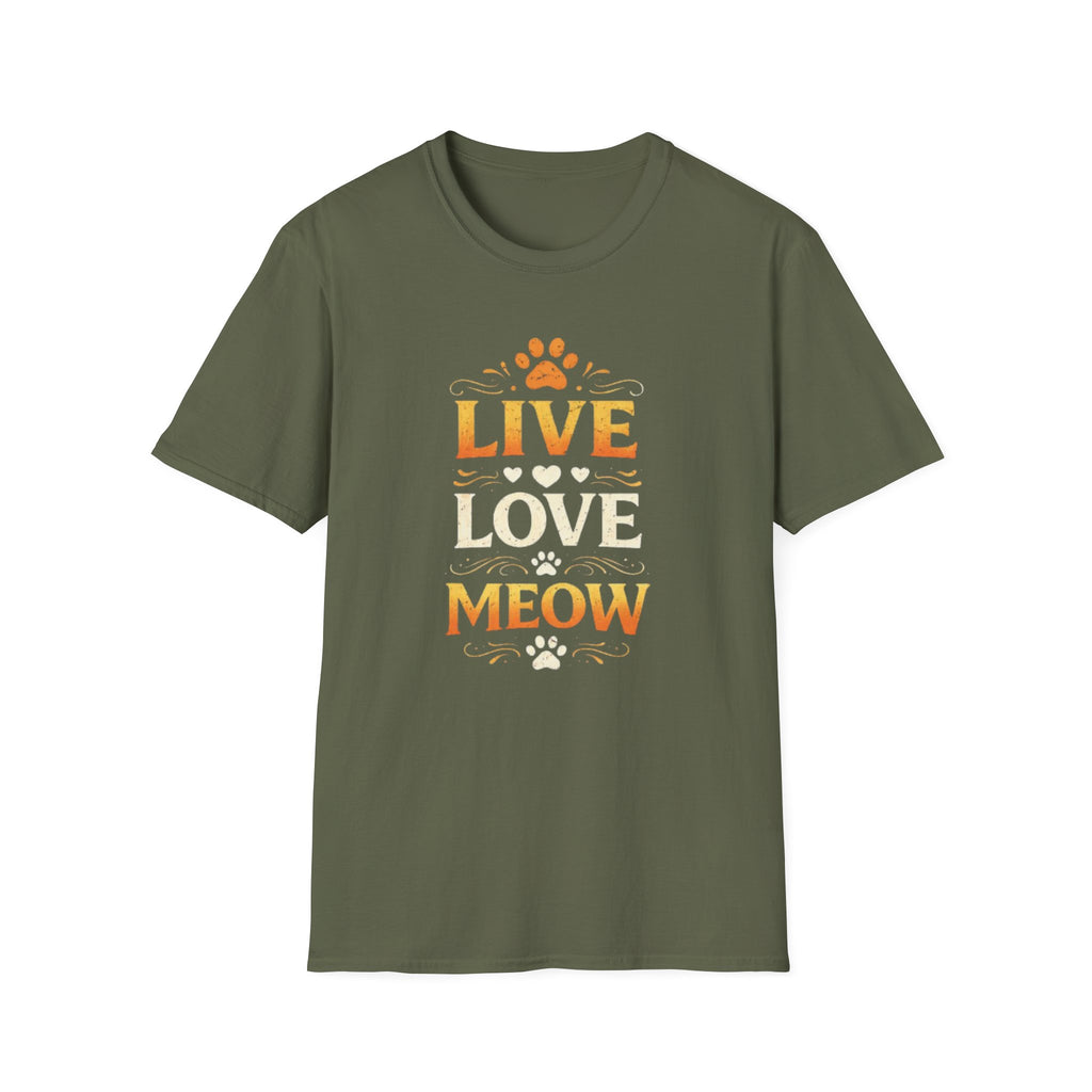 Live Love Meow T-Shirt — Cute Cat Paw Graphic Tee for Cat Lovers