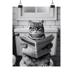 Cat Reading Newspaper Poster — Funny Black & White Matte Vertical Wall Art