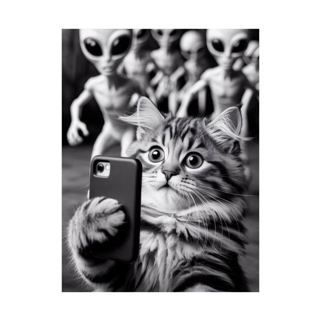 Funny Cat Selfie Poster — Matte Vertical Wall Art with Alien Photobomb
