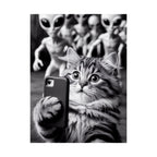 Funny Cat Selfie Poster — Matte Vertical Wall Art with Alien Photobomb