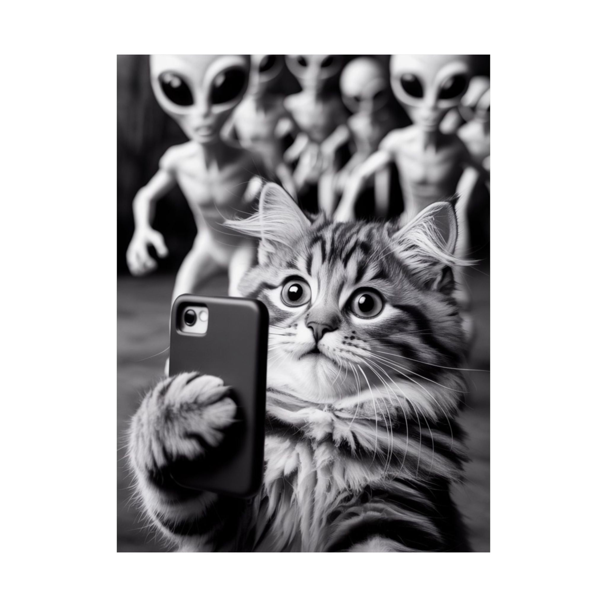 Funny Cat Selfie Poster — Matte Vertical Wall Art with Alien Photobomb
