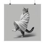 Dancing Cat Poster — Whimsical Cat Wrapped in Blanket Matte Print