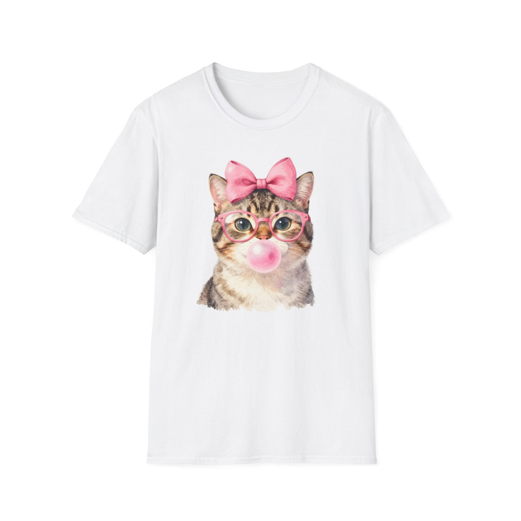 Cute Cat T-Shirt — Kitty with Glasses, Pink Bow & Bubblegum
