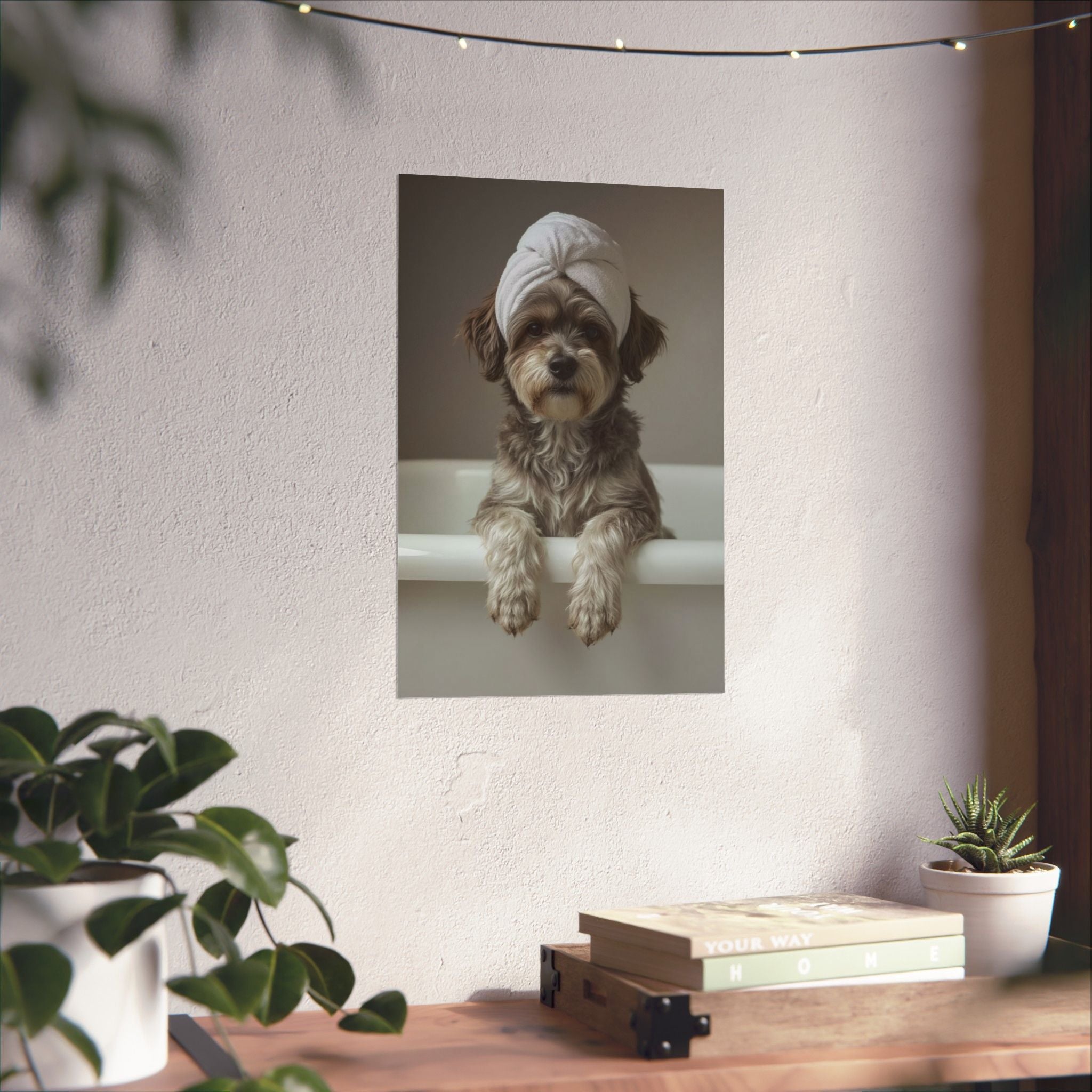 Dog Spa Poster — Cute Puppy in Towel Matte Vertical Wall Art