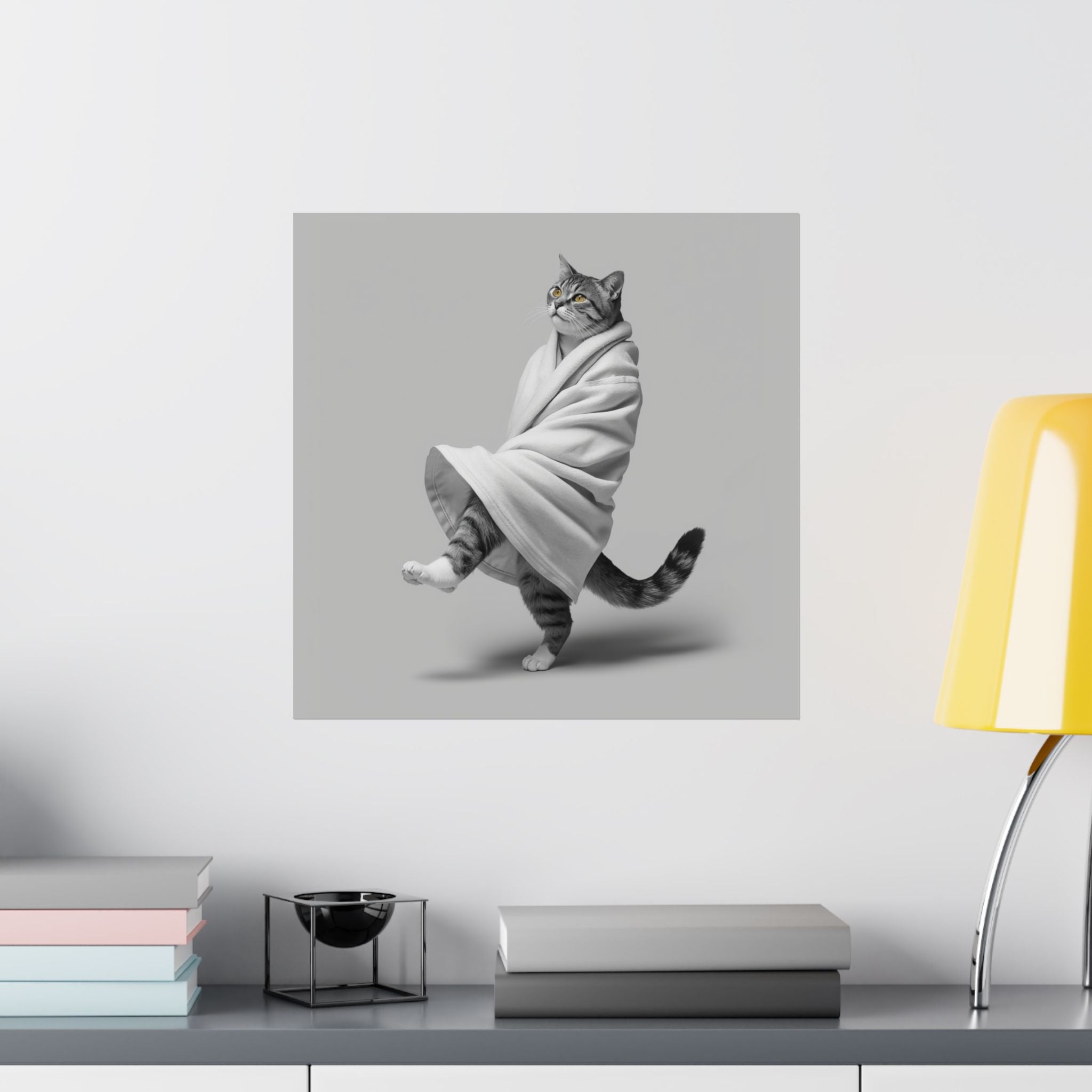 Dancing Cat Poster — Whimsical Cat Wrapped in Blanket Matte Print