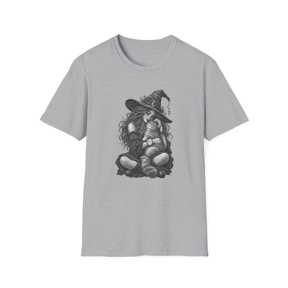 Witch and Cat Graphic T-Shirt — Cozy Gothic Halloween Tee