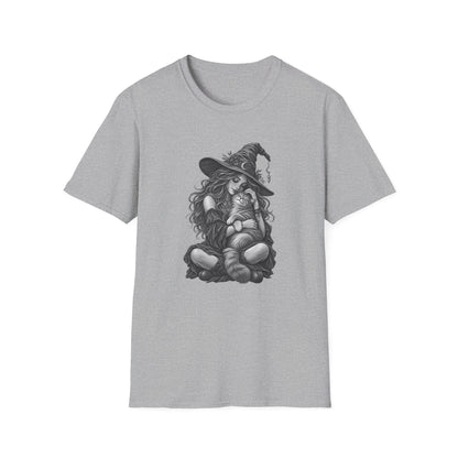 Witch and Cat Graphic T-Shirt — Cozy Gothic Halloween Tee