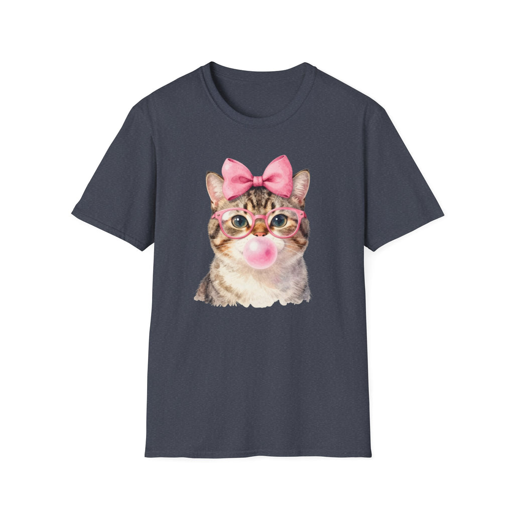 Cute Cat T-Shirt — Kitty with Glasses, Pink Bow & Bubblegum