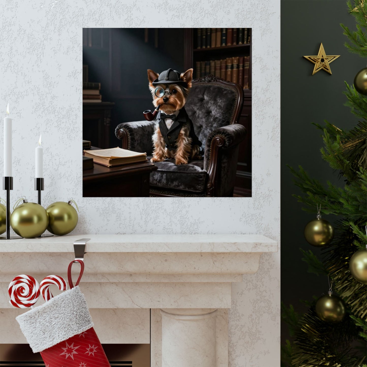 Digital download Detective Yorkie Matte Poster — Vintage Dog Portrait Wall Art
