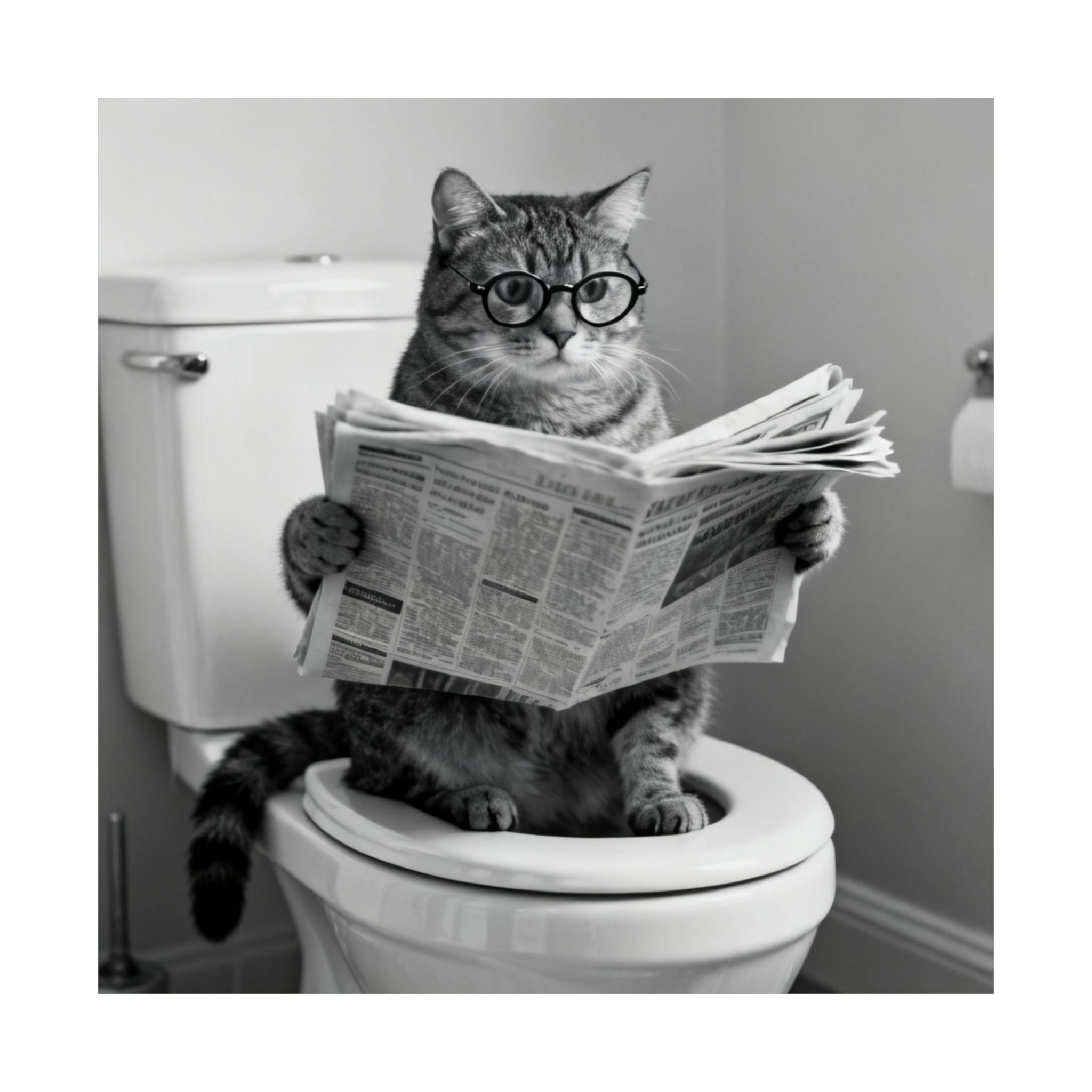 Cat Bathroom Poster – Funny Cat Reading Newspaper Wall Art, Quirky Black & White Matte Vertical Print
