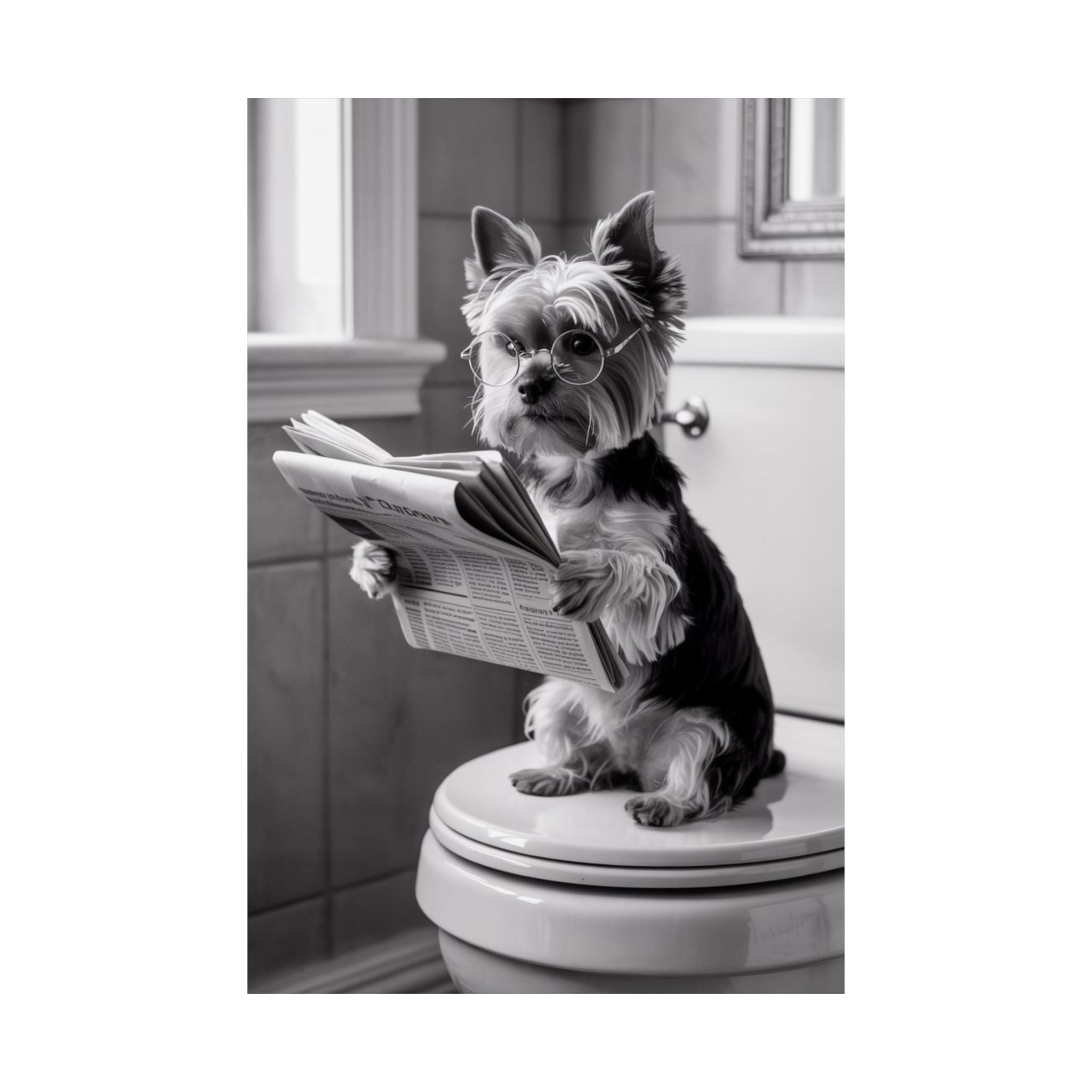 Digital download Funny Yorkie Reading Newspaper Poster — Matte Vertical Dog Wall Art