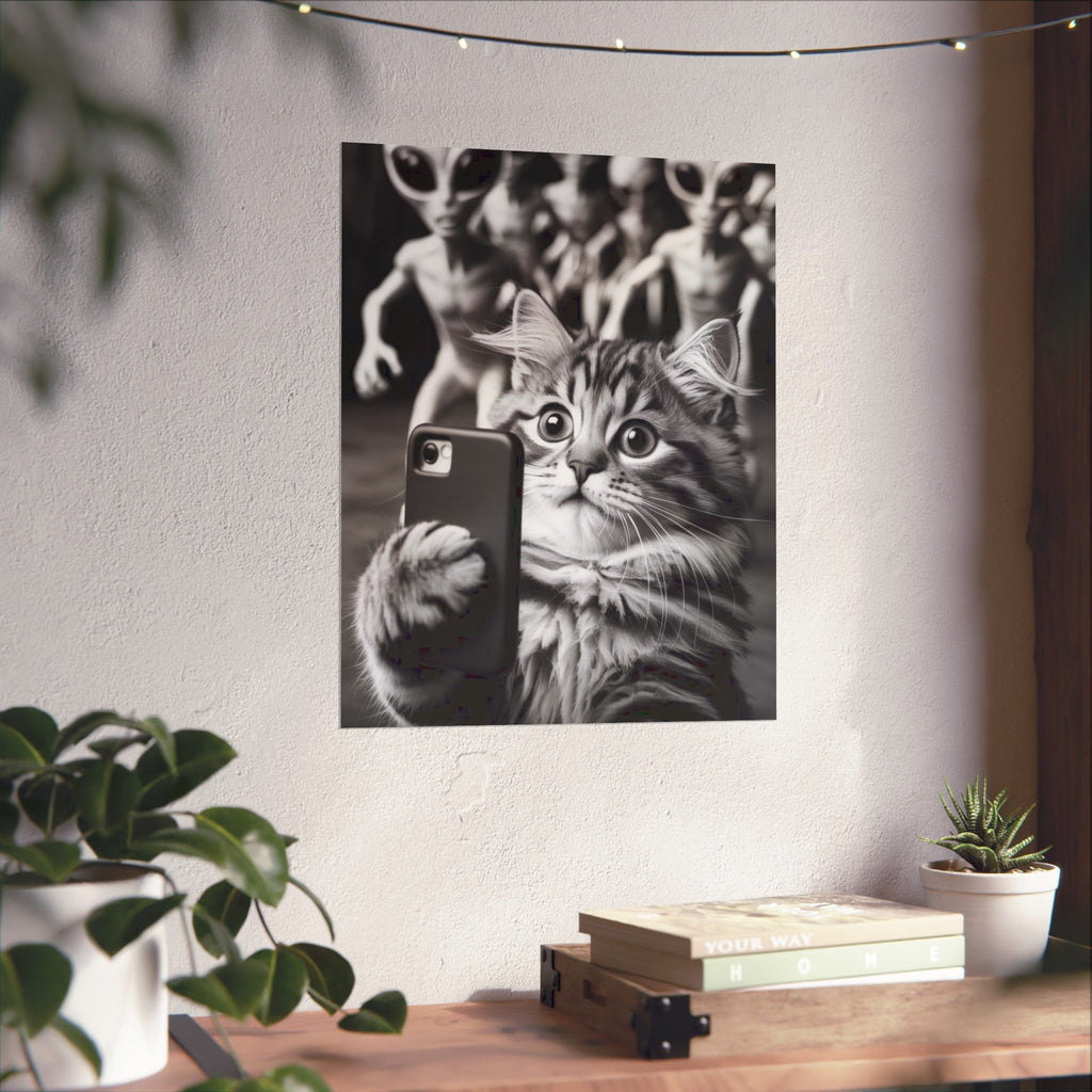 Funny Cat Selfie Poster — Matte Vertical Wall Art with Alien Photobomb
