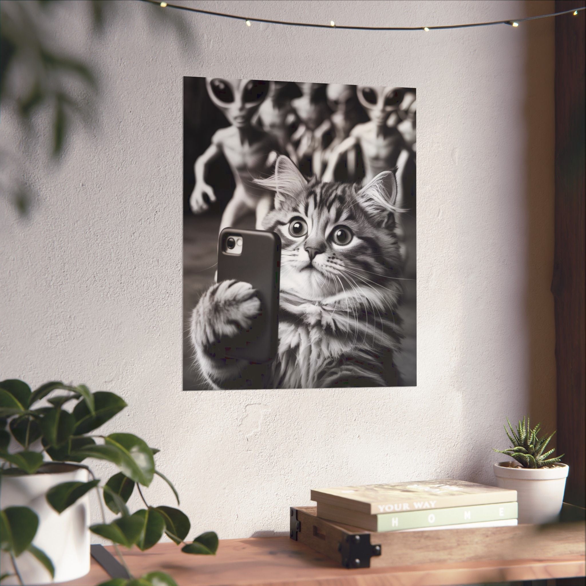 Funny Cat Selfie Poster — Matte Vertical Wall Art with Alien Photobomb