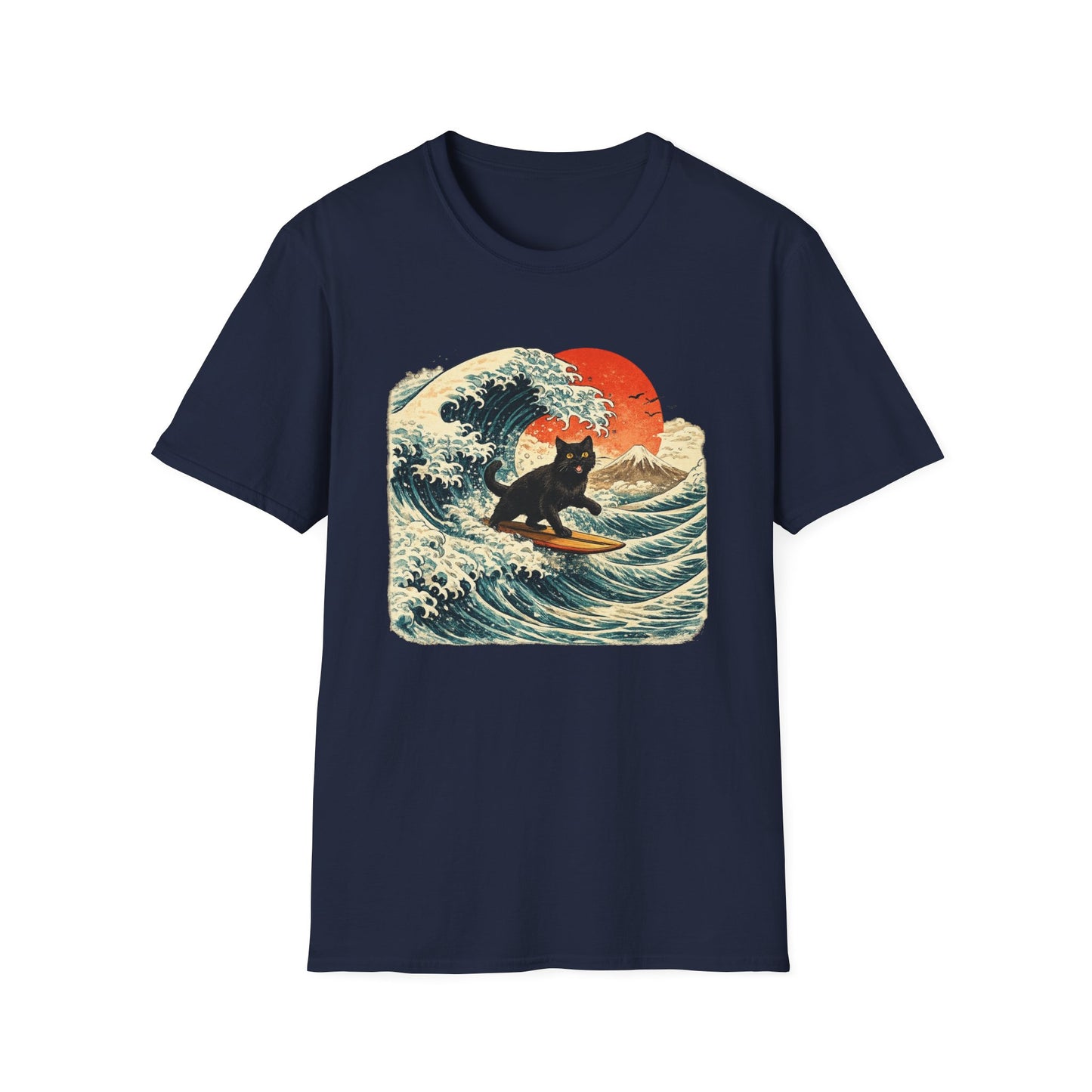 Surfing Cat T-Shirt — Retro Wave Japanese-Style Sunset Graphic Tee