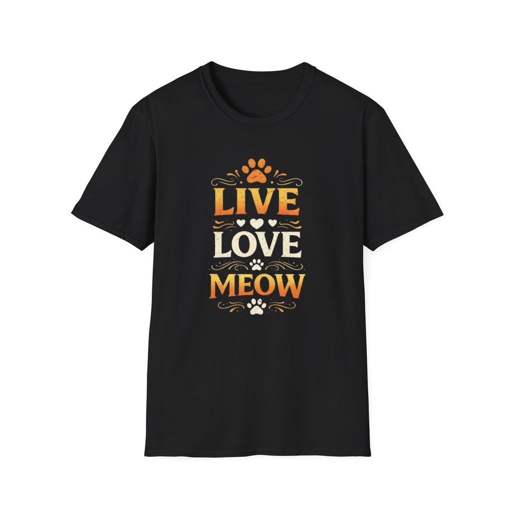 Live Love Meow T-Shirt — Cute Cat Paw Graphic Tee for Cat Lovers