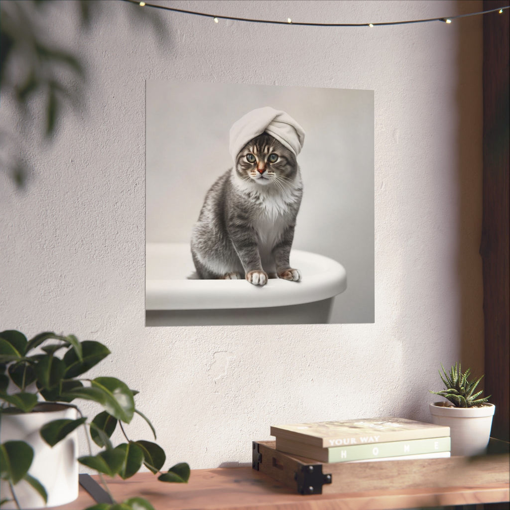 Cat Spa Poster — Cute Grey Cat with Towel on Bathtub Matte Vertical Art Print