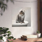 Cat Spa Poster — Cute Grey Cat with Towel on Bathtub Matte Vertical Art Print