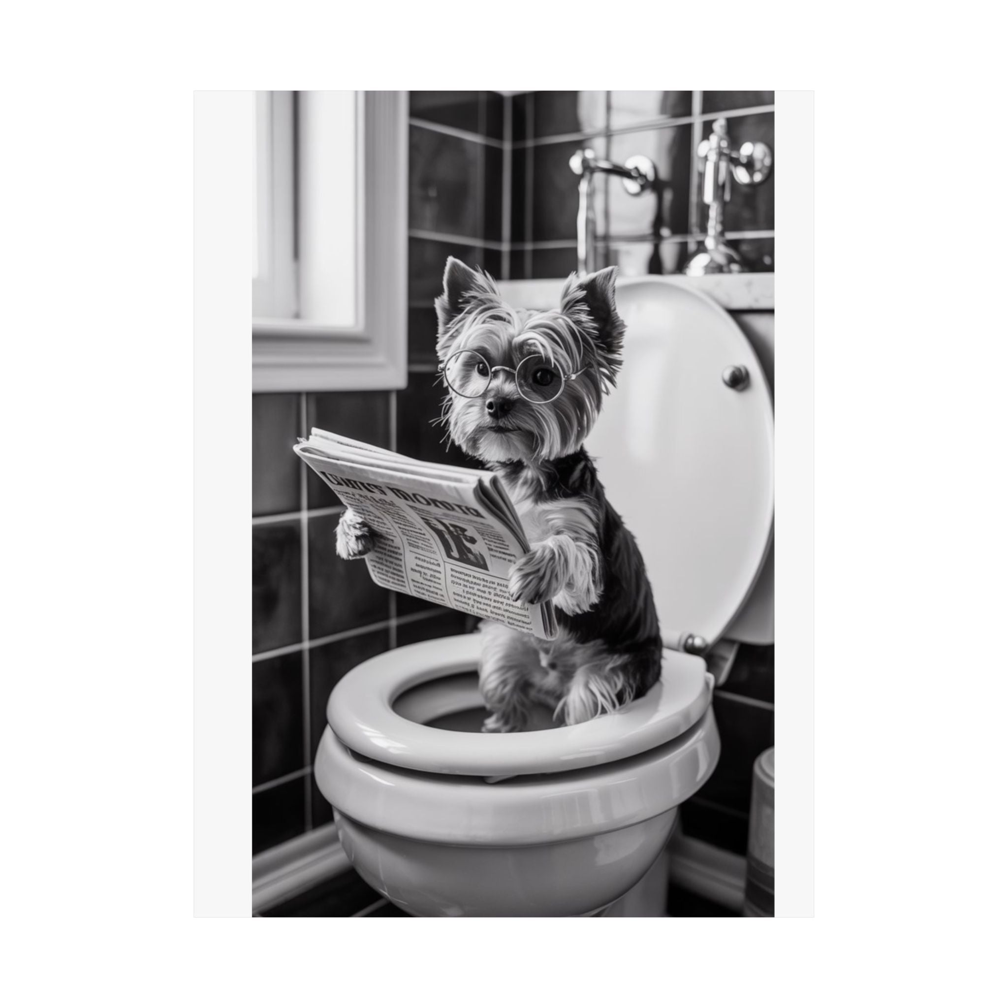 Digital download Funny Yorkie Bathroom Poster — Black & White Matte Vertical Dog Wall Art