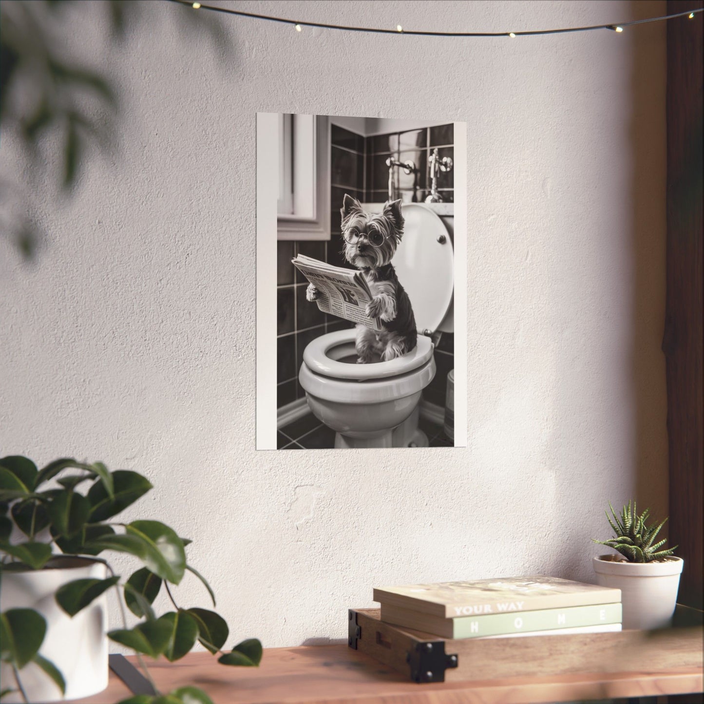 Digital download Funny Yorkie Bathroom Poster — Black & White Matte Vertical Dog Wall Art