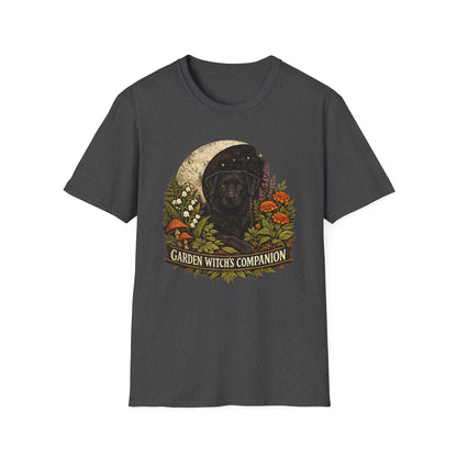 Witch’s Companion Black Dog T-Shirt — “Garden Witch’s Companion” Moon & Floral Tee