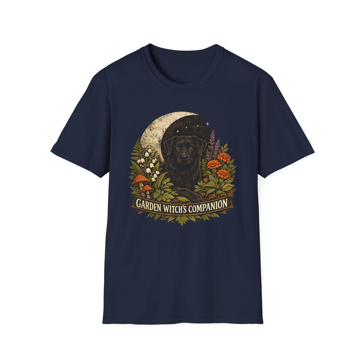 Witch’s Companion Black Dog T-Shirt — “Garden Witch’s Companion” Moon & Floral Tee