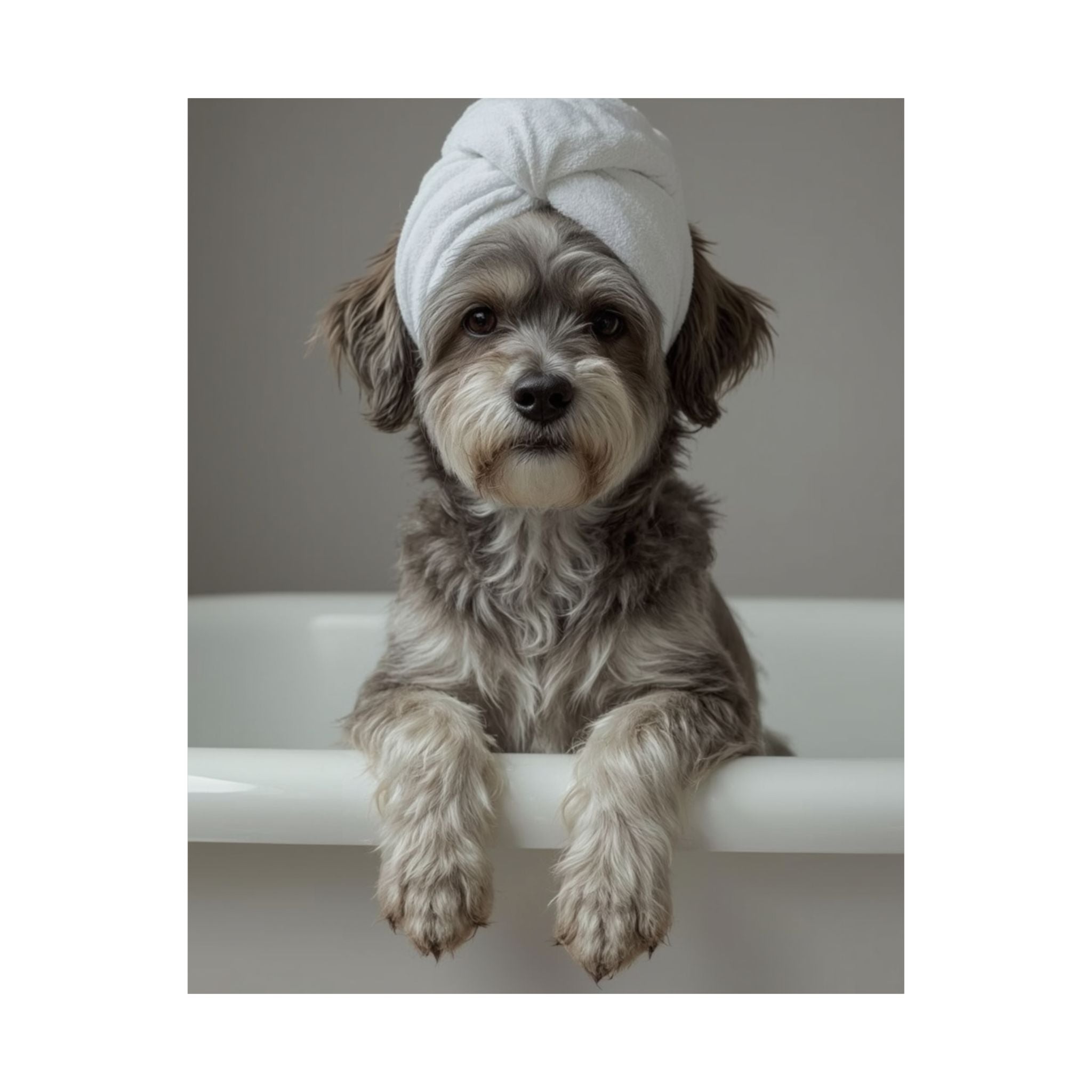 Dog Spa Poster — Cute Puppy in Towel Matte Vertical Wall Art