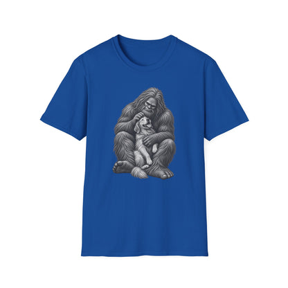Bigfoot & Puppy Tee — Gentle Sasquatch Holding Dog Graphic T-Shirt