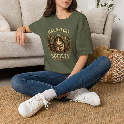 Calico Cat Society T-Shirt — Vintage Moon & Floral Cat Graphic