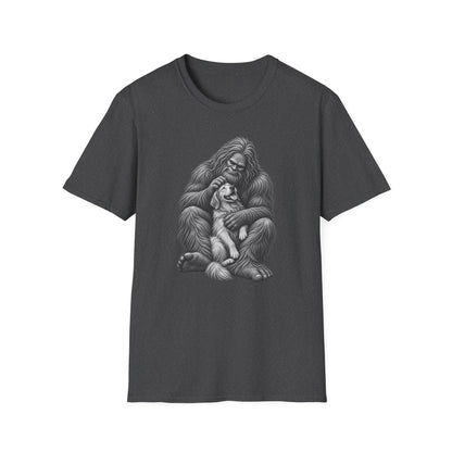 Bigfoot & Puppy Tee — Gentle Sasquatch Holding Dog Graphic T-Shirt