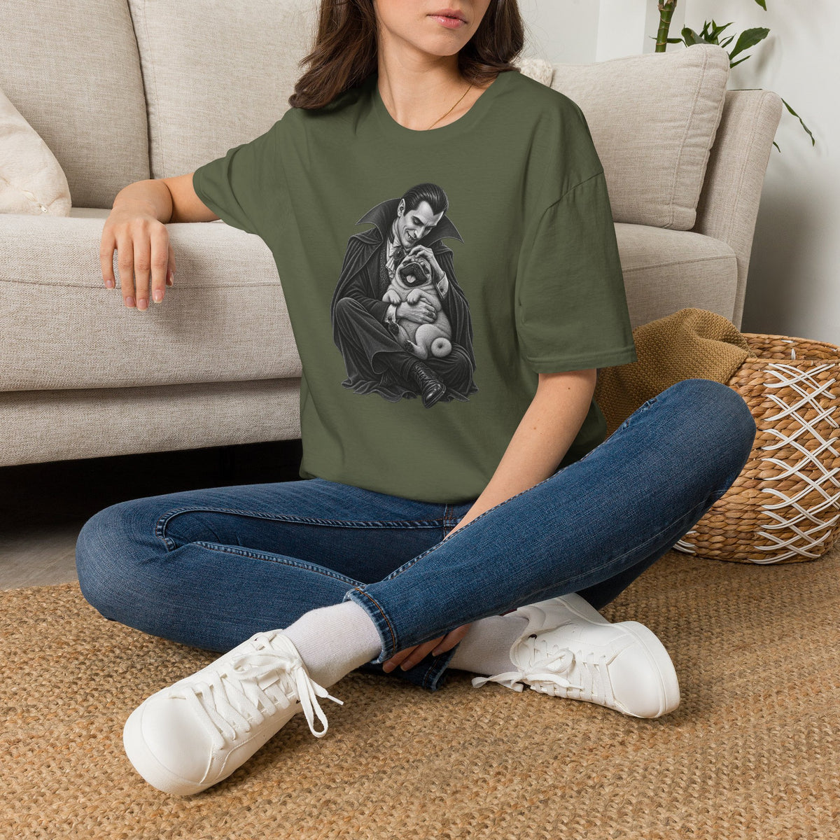 Vampire Holding Pug T‑Shirt — Gothic Cute Dog Tee